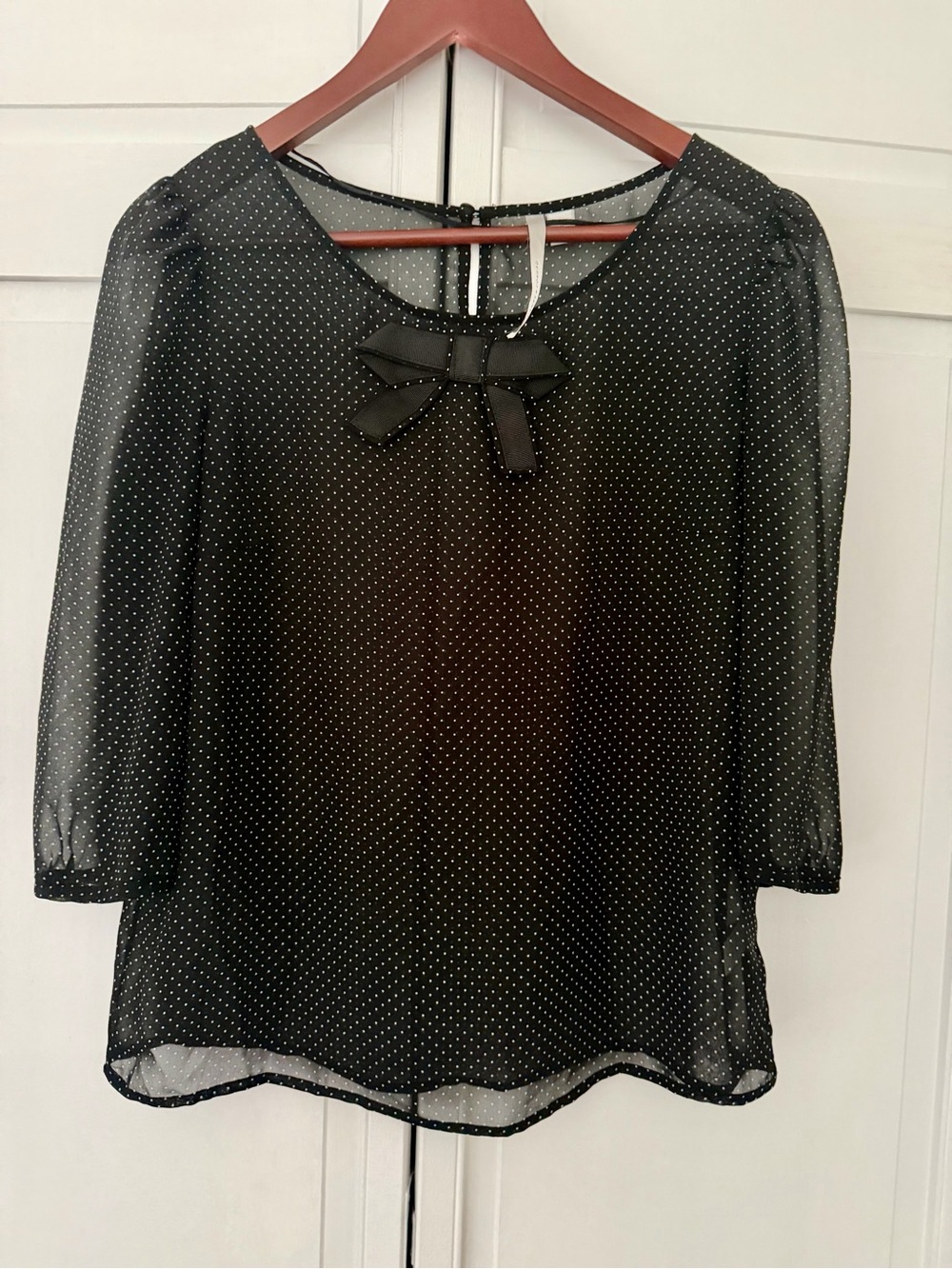 LC Lauren Conrad Black Sheer Polka Dot Bow-Neck Blouse